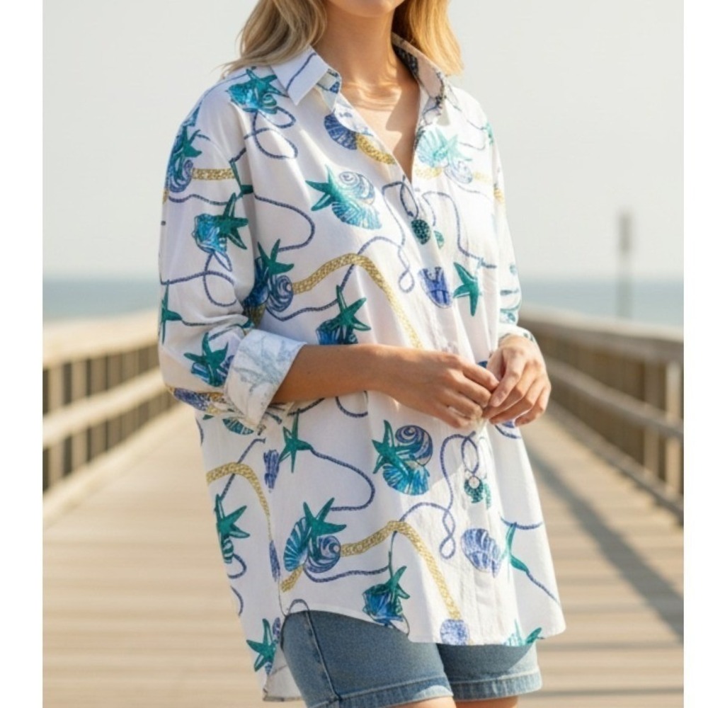 Vintage 80s Talbots M NEW Coastal Money Novelty Chain Shell Print Shirt Blouse